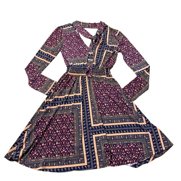 BCBGeneration | Multi Print Long Sleeve Size Small Dress Neck Tie Print - Picture 1 of 11